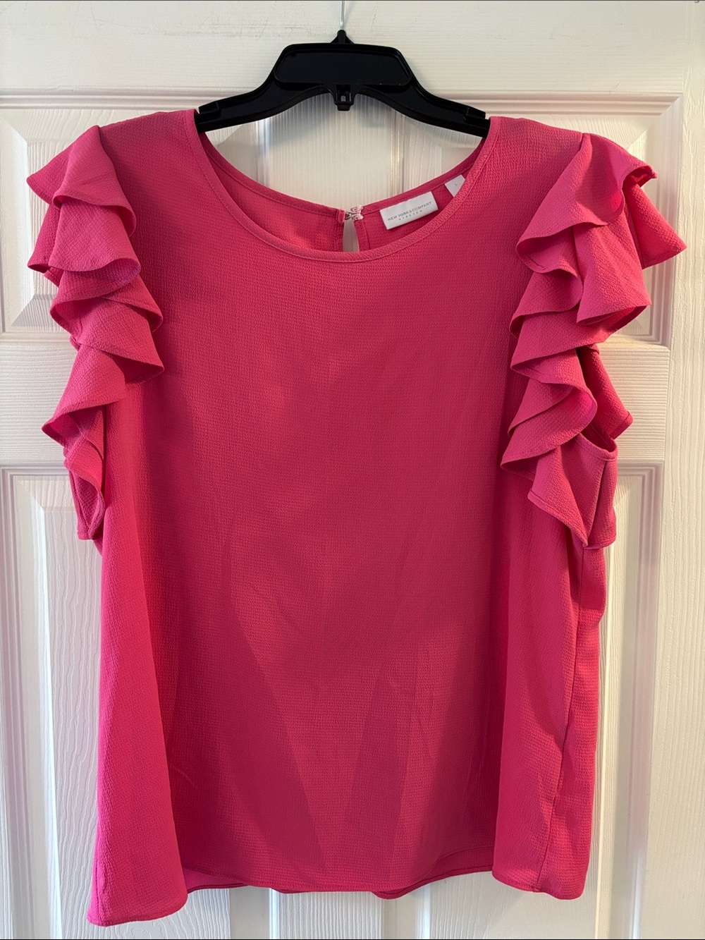 New York & Company Bright Pink Ruffle Sleeve Blouse